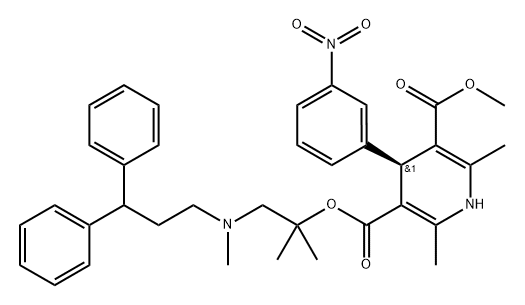 3,5-Pyridinedicarboxylic acid, 1,4-dihydro-2,6-dimethyl-4-(3-nitrophenyl)-, 3-[2-[(3,3-diphenylpropyl)methylamino]-1,1-dimethylethyl] 5-methyl ester, (4S)- Struktur