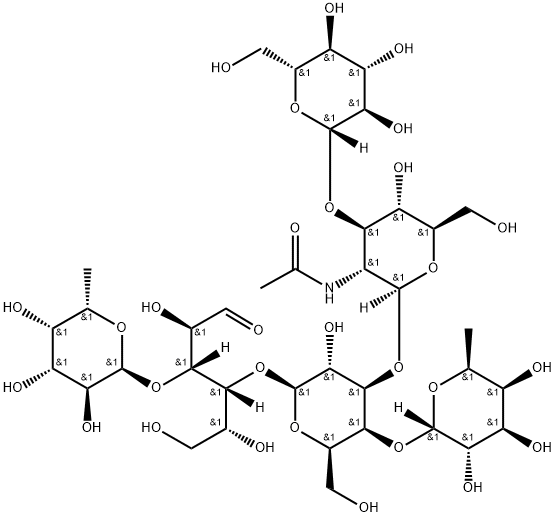 O-b-D-glucopyranosyl-(1->3)-O-2-(acetylamino)-2-deoxy-b-D-glucopyranosyl-(1->3)-O-[6-deoxy-a-L-galactopyranosyl-(1->4)]-O-b-D-galactopyranosyl-(1->4)-O-[6-deoxy-a-L-galactopyranosyl-(1->3)]-D-Glucose Struktur