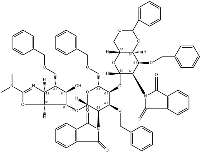 .beta.-D-Allopyranoside, (3aS,4R,5R,6S,6aS)-2-(dimethylamino)-3a,5,6,6a-tetrahydro-5-hydroxy-4-(phenylmethoxy)methyl-4H-cyclopentoxazol-6-yl 2-deoxy-4-O-2-deoxy-2-(1,3-dihydro-1,3-dioxo-2H-isoindol-2-yl)-3-O-(phenylmethyl)-4,6-O-(phenylmethylene)-.beta.-D Struktur