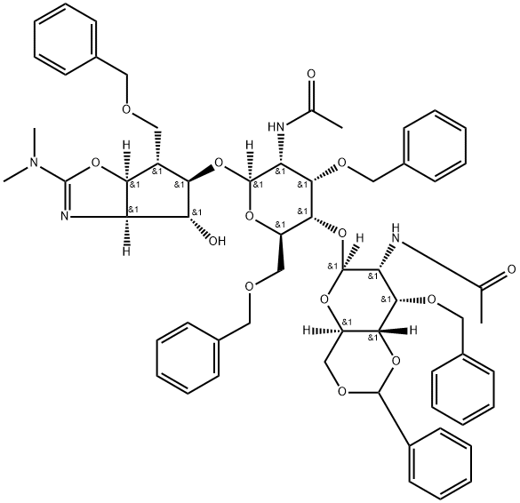 .beta.-D-Allopyranoside, (3aR,4R,5R,6S,6aS)-2-(dimethylamino)-3a,5,6,6a-tetrahydro-4-hydroxy-6-(phenylmethoxy)methyl-4H-cyclopentoxazol-5-yl 2-(acetylamino)-4-O-2-(acetylamino)-2-deoxy-3-O-(phenylmethyl)-4,6-O-(phenylmethylene)-.beta.-D-allopyranosyl-2-de Struktur