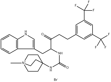 1-Azoniabicyclo[2.2.2]octane, 4-[[[[4-[3,5-bis(trifluoromethyl)phenyl]-1-(1H-indol-3-ylmethyl)-2-oxobutyl]amino]carbonyl]amino]-1-methyl-, bromide (1:1) Structure