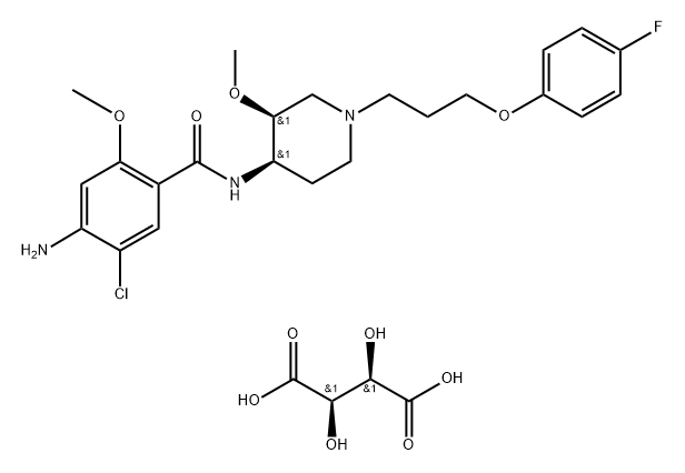 Benzamide, 4-amino-5-chloro-N-[(3R,4S)-1-[3-(4-fluorophenoxy)propyl]-3-methoxy-4-piperidinyl]-2-methoxy-, rel-, (2R,3R)-2,3-dihydroxybutanedioate (1:1) Struktur