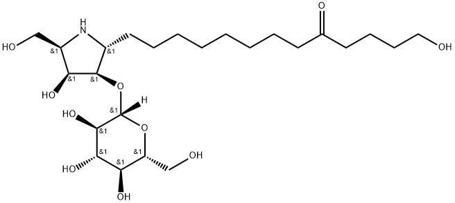 1-hydroxy-13-[(3R,4S,5R)-4-hydroxy-5-(hydroxymethyl)-3-[(2R,3R,4S,5R,6 R)-3,4,5-trihydroxy-6-(hydroxymethyl)oxan-2-yl]oxy-pyrrolidin-2-yl]tri decan-5-one Struktur