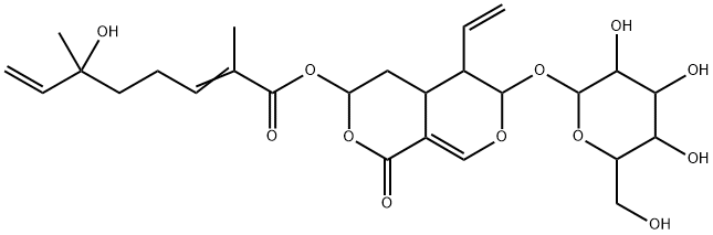 6-Hydroxy-2,6-dimethyl-2,7-octadienoic acid 5-ethenyl-6-(β-D-glucopyranosyloxy)-4,4a,5,6-tetrahydro-1-oxo-1H,3H-pyrano[3,4-c]pyran-3-yl ester Struktur