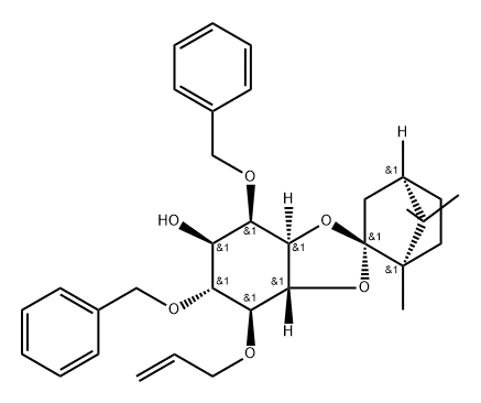 D-myo-Inositol, 2,4-bis-O-(phenylmethyl)-5-O-2-propenyl-1,6-O-(1R,2R,4R)-1,7,7-trimethylbicyclo2.2.1hept-2-ylidene- Struktur