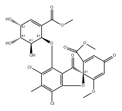 Spiro[benzofuran-2(3H),1'-[2,5]cyclohexadiene]-2'-carboxylic acid, 5,7-dichloro-6'-methoxy-6-methyl-3,4'-dioxo-4-[[(1R,4R,5R,6S)-4,5,6-trihydroxy-2-(methoxycarbonyl)-2-cyclohexen-1-yl]oxy]-, methyl ester, (1'S)-rel-(+)- Struktur