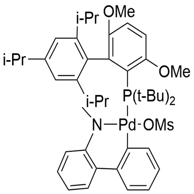 Methanesulfonato(Di-tert-butyl(2',4',6'-triispropyl-3,6-dimethoxybiphenyl-2-yl)phosphine)(2'-methylamino-1,1'-biphenyl-2-yl)palladium(II) Struktur