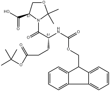 3-Oxazolidinepentanoic acid, 4-carboxy-γ-[[(9H-fluoren-9-ylmethoxy)carbonyl]amino]-2,2-dimethyl-δ-oxo-, 3-(1,1-dimethylethyl) ester, (γR,4R)- Struktur