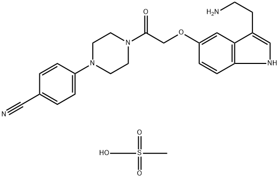 Benzonitrile, 4-[4-[2-[[3-(2-aminoethyl)-1H-indol-5-yl]oxy]acetyl]-1-piperazinyl]-, methanesulfonate (1:1) Struktur