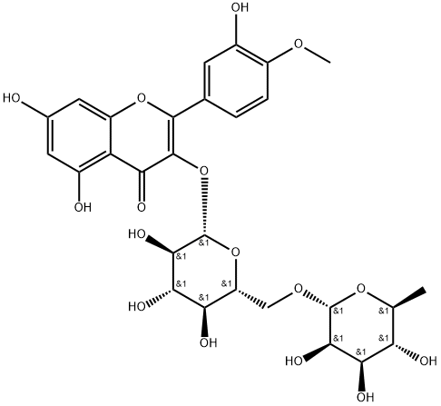 4H-1-Benzopyran-4-one, 3-[[6-O-(6-deoxy-α-L-mannopyranosyl)-β-D-glucopyranosyl]oxy]-5,7-dihydroxy-2-(3-hydroxy-4-methoxyphenyl)- Struktur