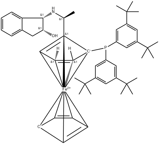 Ferrocene, 1-[bis[3,5-bis(1,1-dimethylethyl)phenyl]phosphino]-2-[(1S)-1-[[(1S,2R)-2,3-dihydro-2-hydroxy-1H-inden-1-yl]amino]ethyl]-, (1S)- Struktur