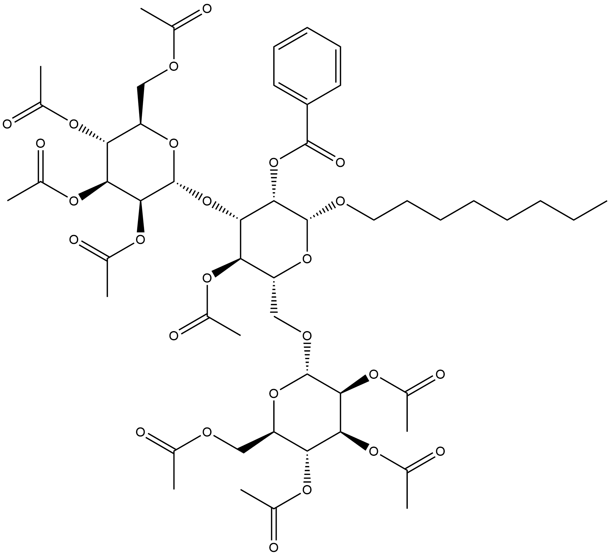 β-D-Mannopyranoside, octyl O-2,3,4,6-tetra-O-acetyl-α-D-mannopyranosyl-(1→3)-O-[2,3,4,6-tetra-O-acetyl-α-D-mannopyranosyl-(1→6)]-, 4-acetate 2-benzoate Struktur