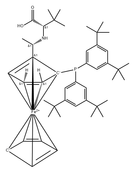 Ferrocene, 1-[bis[3,5-bis(1,1-dimethylethyl)phenyl]phosphino]-2-[(1S)-1-[[(1S)-1-carboxy-2,2-dimethylpropyl]amino]ethyl]-, (1S)- Struktur