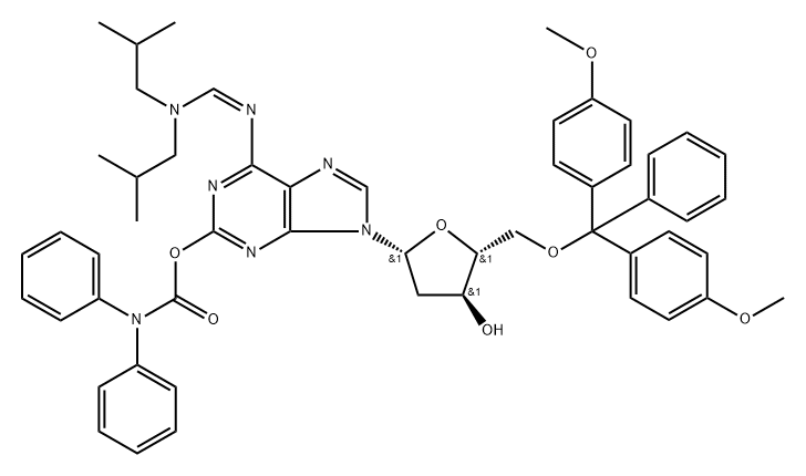 N6-(Diisobutylaminomethylidene)-5'-O- (dimethoxytrityl)-O2-(diphenylcarbamoyl)-2'- deoxyisoguanosine Struktur