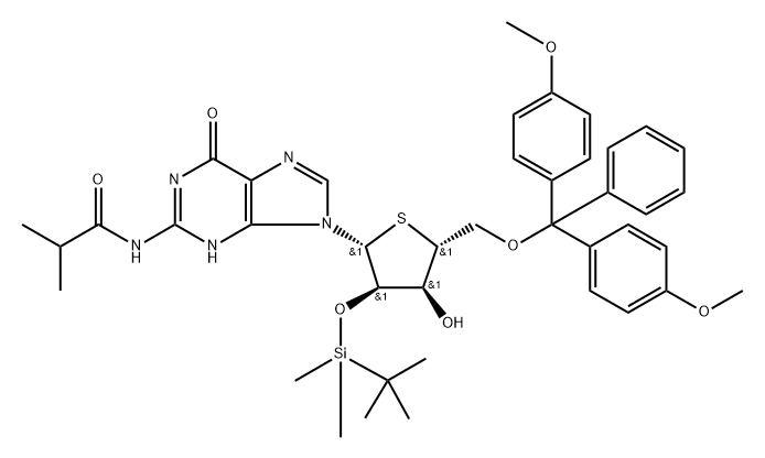 Guanosine, 5'-?O-?[bis(4-?methoxyphenyl)?phenylmethyl]?-?2'-?O-?[(1,?1-?dimethylethyl)?dimethylsilyl]?-?N-?(2-?methyl-?1-?oxopropyl)?-?4'-?thio- Struktur