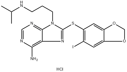 9H-Purine-9-propanamine, 6-amino-8-[(6-iodo-1,3-benzodioxol-5-yl)thio]-N-(1-methylethyl)-, hydrochloride (1:1) Struktur