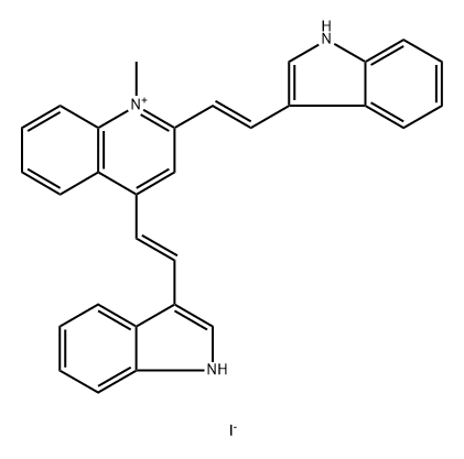 Quinolinium, 2,4-bis[(1E)-2-(1H-indol-3-yl)ethenyl]-1-methyl-, iodide (1:1) Struktur