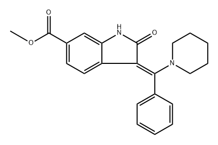 Nintedanib impurity 26/(3Z)-2,3-Dihydro-2-oxo-3-(phenyl-1-piperidinylmethylene)-1H-indole-6-carboxylic acid methyl ester Struktur