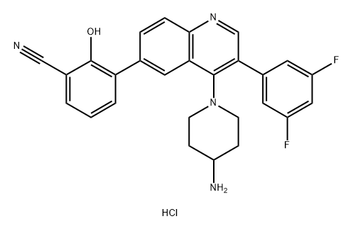 Benzonitrile, 3-[4-(4-amino-1-piperidinyl)-3-(3,5-difluorophenyl)-6-quinolinyl]-2-hydroxy-, hydrochloride (1:2) Struktur