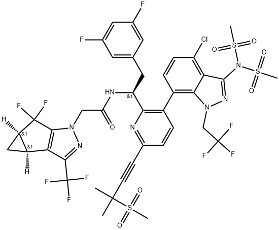 1H-Cyclopropa[3,4]cyclopenta[1,2-c]pyrazole-1-acetamide, N-[(1S)-1-[3-[3-[bis(methylsulfonyl)amino]-4-chloro-1-(2,2,2-trifluoroethyl)-1H-indazol-7-yl]-6-[3-methyl-3-(methylsulfonyl)-1-butyn-1-yl]-2-pyridinyl]-2-(3,5-difluorophenyl)ethyl]-5,5-difluoro-3b,4,4a,5-tetrahydro-3-(trifluoromethyl)-, (3bS,4aR)-|