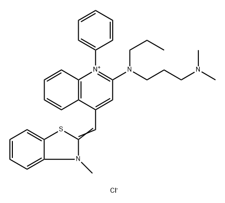 Quinolinium, 2-[[3-(dimethylamino)propyl]propylamino]-4-[(3-methyl-2(3H)-benzothiazolylidene)methyl]-1-phenyl-, chloride (1:1) Struktur