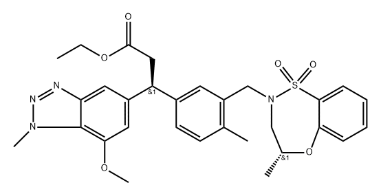 1H-Benzotriazole-5-propanoic acid, β-[3-[[(4R)-3,4-dihydro-4-methyl-1,1-dioxido-2H-5,1,2-benzoxathiazepin-2-yl]methyl]-4-methylphenyl]-7-methoxy-1-methyl-, ethyl ester, (βS)- Struktur