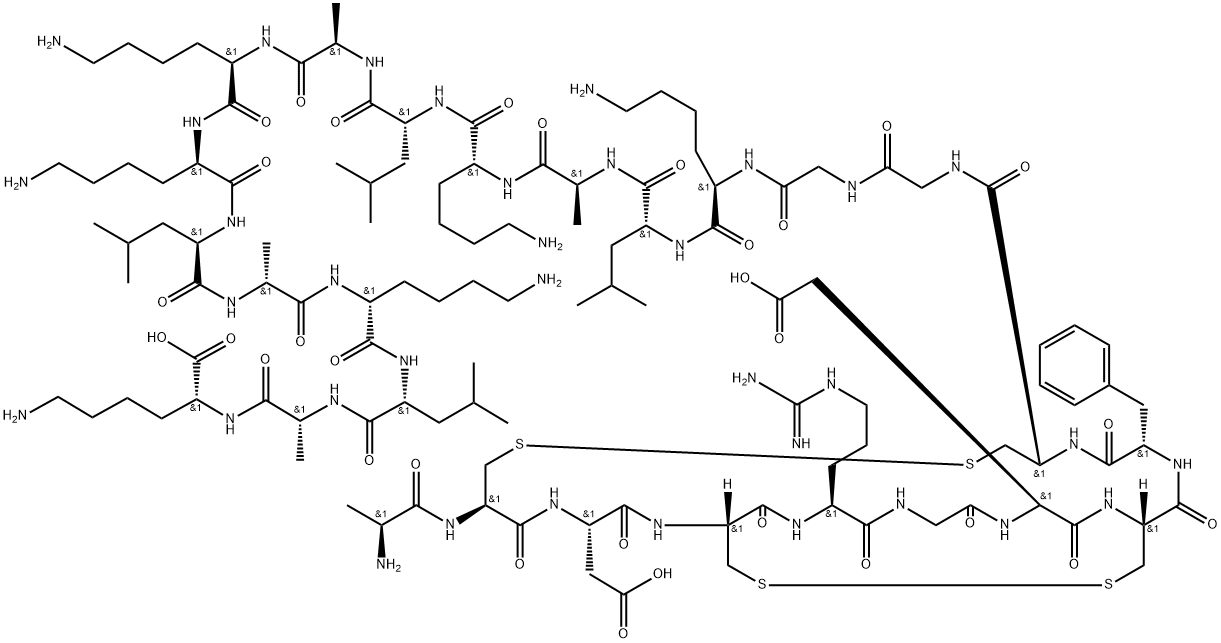 D-Lysine, L-alanyl-L-cysteinyl-L-α-aspartyl-L-cysteinyl-L-arginylglycyl-L-α-aspartyl-L-cysteinyl-L-phenylalanyl-L-cysteinylglycylglycyl-D-lysyl-D-leucyl-L-alanyl-D-lysyl-D-leucyl-D-alanyl-D-lysyl-D-lysyl-D-leucyl-D-alanyl-D-lysyl-D-leucyl-D-alanyl-, cyclic (2→10),(4→8)-bis(disulfide) Struktur