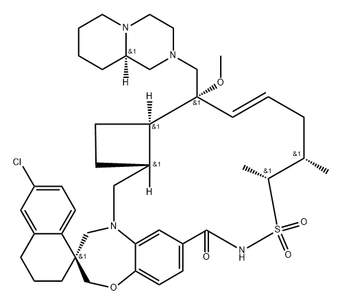 Spiro[5,7-etheno-1H,11H-cyclobut[i][1,4]oxazepino[3,4-f][1,2,7]thiadiazacyclohexadecine-2(3H),1′(2′H)-naphthalen]-8(9H)-one, 6′-chloro-3′,4′,12,13,16,16a,17,18,18a,19-decahydro-16-methoxy-11,12-dimethyl-16-[[(9aR)-octahydro-2H-pyrido[1,2-a]pyrazin-2-yl]methyl]-, 10,10-dioxide, (1′S,11R,12S,14E,16R,16aR,18aR)- Struktur