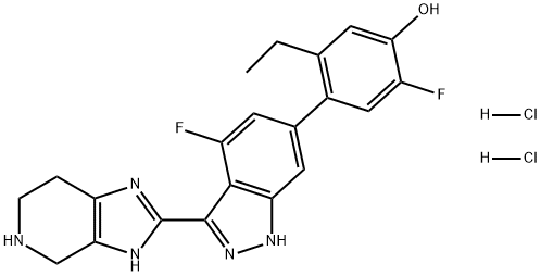 Phenol, 5-ethyl-2-fluoro-4-[4-fluoro-3-(4,5,6,7-tetrahydro-3H-imidazo[4,5-c]pyridin-2-yl)-1H-indazol-6-yl]-, hydrochloride (1:2) Struktur