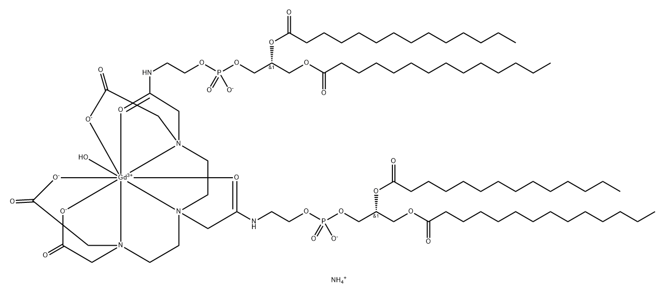 Gadolinate(2-), aqua[[(19R)-3,9-bis[(carboxy-κO)methyl]-16-hydroxy-6-[(10R)-7-hydroxy-7-oxido-2-(oxo-κO)-13-oxo-10-[(1-oxotetradecyl)oxy]-6,8,12-trioxa-3-aza-7-phosphahexacos-1-yl]-11-(oxo-κO)-22-oxo-19-[(1-oxotetradecyl)oxy]-15,17,21-trioxa-3,6,9,12-tetraaza-16-phosphapentatriacontanoic acid-κN3,κN6,κN9,κO1] 16-oxidato(5-)]-, ammonium (1:2) Struktur