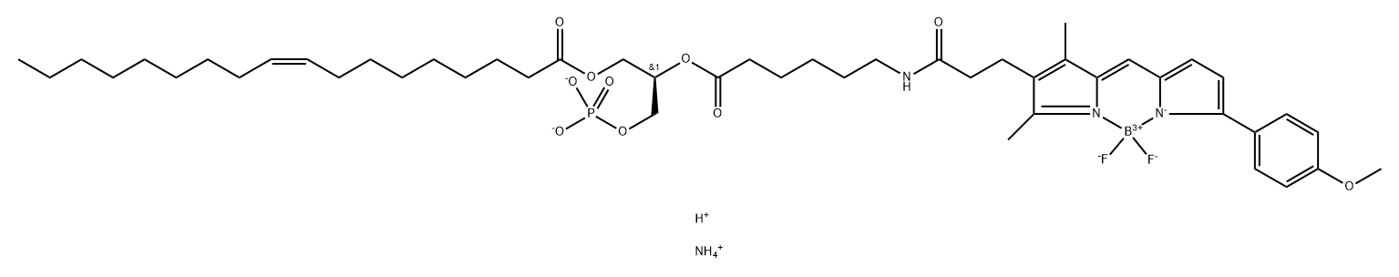 Borate(2-), difluoro[(2R)-2-[[6-[[3-[2-[[5-(4-methoxyphenyl)-1H-pyrrol-2-yl-κN]methylene]-3,5-dimethyl-2H-pyrrol-4-yl-κN]-1-oxopropyl]amino]-1-oxohexyl]oxy]-3-(phosphonooxy)propyl (9Z)-9-octadecenoato(3-)]-, ammonium hydrogen (1:1:1), (T-4)- Struktur