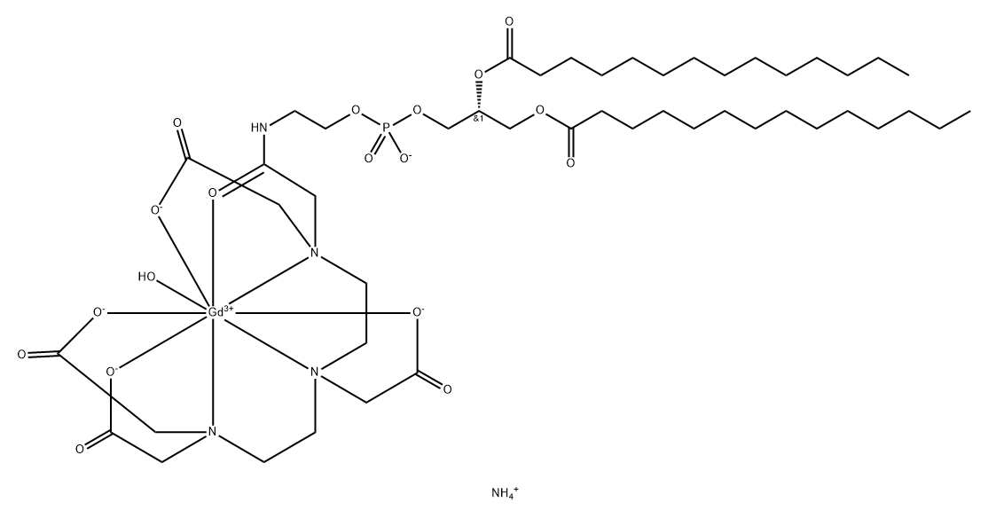 Gadolinate(2-), aqua[[(19R)-3,6,9-tris[(carboxy-κO)methyl]-16-hydroxy-11-(oxo-κO)-22-oxo-19-[(1-oxotetradecyl)oxy]-15,17,21-trioxa-3,6,9,12-tetraaza-16-phosphapentatriacontanoic acid-κN3,κN6,κN9,κO1] 16-oxidato(5-)]-, ammonium (1:2) Struktur