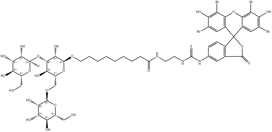 Nonanamide, 9-(O-.alpha.-D-mannopyranosyl-(13)-O-.alpha.-D-mannopyranosyl-(16)-.alpha.-D-mannopyranosyl)oxy-N-2-(2,4,5,7-tetrabromo-3,6-dihydroxy-3-oxospiroisobenzofuran-1(3H),9-9Hxanthen-5-yl)aminothioxomethylaminoethyl- Struktur