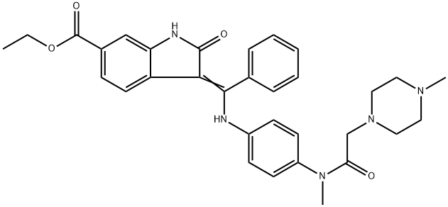 1H-Indole-6-carboxylic acid, 2,3-dihydro-3-[[[4-[methyl[2-(4-methyl-1-piperazinyl)acetyl]amino]phenyl]amino]phenylmethylene]-2-oxo-, ethyl ester Struktur