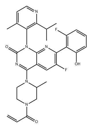 Pyrido[2,3-d]pyrimidin-2(1H)-one, 6-fluoro-7-(2-fluoro-6-hydroxyphenyl)-1-[4-methyl-2-(1-methylethyl)-3-pyridinyl]-4-[(2S)-2-methyl-4-(1-oxo-2-propen-1-yl)-1-piperazinyl]-, (1S)- Struktur