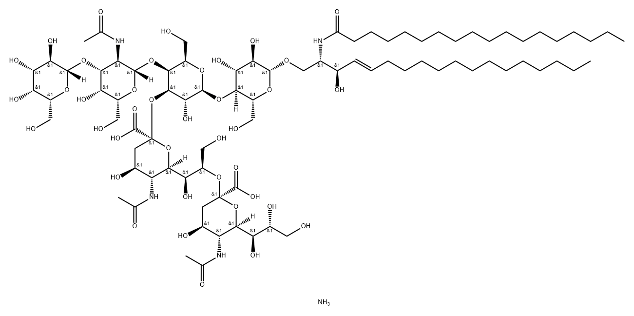 Octadecanamide, N-[(1S,2R,3E)-1-[[[O-(N-acetyl-α-neuraminosyl)-(2→8)-O-(N-acetyl-α-neuraminosyl)-(2→3)-O-[O-β-D-galactopyranosyl-(1→3)-2-(acetylamino)-2-deoxy-β-D-galactopyranosyl-(1→4)]-O-β-D-galactopyranosyl-(1→4)-β-D-glucopyranosyl]oxy]methyl]-2-hydroxy-3-heptadecen-1-yl]-, ammonium salt (1:2) Struktur