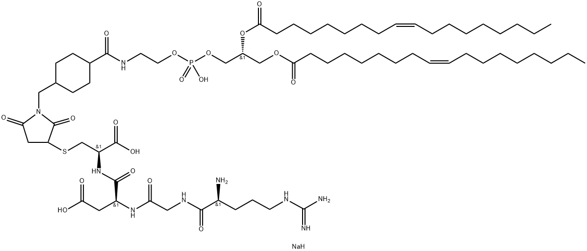 L-Cysteine, L-arginylglycyl-L-α-aspartyl-S-[1-[[4-[(9R,19Z)-6-hydroxy-6-oxido-1,11-dioxo-9-[[[(9Z)-1-oxo-9-octadecen-1-yl]oxy]methyl]-5,7,10-trioxa-2-aza-6-phospha-19-octacosen-1-yl]cyclohexyl]methyl]-2,5-dioxo-3-pyrrolidinyl]-, sodium salt (1:2) Struktur