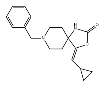 (Z)-8-benzyl-4-(cyclopropylmethylene)-3-oxa-1,8-diazaspiro[4,.5]decan-2-one Struktur