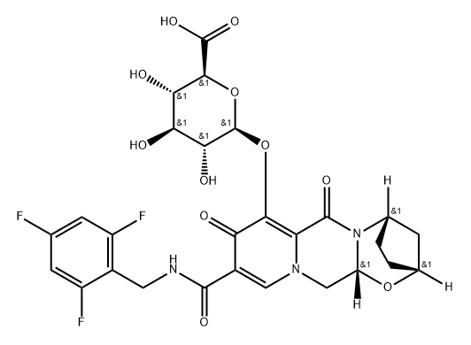 β-D-Glucopyranosiduronic acid, (2R,5S,13aR)-2,3,4,5,7,9,13,13a-octahydro-7,9-dioxo-10-[[[(2,4,6-trifluorophenyl)methyl]amino]carbonyl]-2,5-methanopyrido[1',2':4,5]pyrazino[2,1-b][1,3]oxazepin-8-yl Struktur