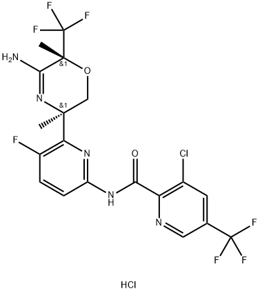 2-Pyridinecarboxamide, N-[6-[(3R,6R)-5-amino-3,6-dihydro-3,6-dimethyl-6-(trifluoromethyl)-2H-1,4-oxazin-3-yl]-5-fluoro-2-pyridinyl]-3-chloro-5-(trifluoromethyl)-, hydrochloride (1:1) Struktur