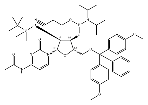 Acetamide, N-[1-[5-O-[bis(4-methoxyphenyl)phenylmethyl]-3-O-[[bis(1-methylethyl)amino](2-cyanoethoxy)phosphino]-2-O-[(1,1-dimethylethyl)dimethylsilyl]-β-L-ribofuranosyl]-1,2-dihydro-2-oxo-4-pyrimidinyl]- Struktur