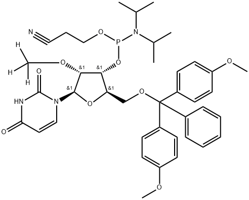 (2R,3R,4R,5R)-2-((bis(4-methoxyphenyl)(phenyl)methoxy)methyl)-5-(2,4-dioxo-3,4-Dihydropyrimidine-1(2H)-yl)-4-(methoxy-d3)tetrahydrofuran-3-yl(2-cyanoethyl)diisopropyl phosphoramidite Struktur