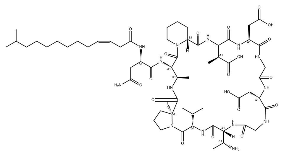 L-Proline, N2-[(3Z)-12-methyl-1-oxo-3-tridecen-1-yl]-L-asparaginyl-(2S,3R)-2,3-diaminobutanoyl-(2R)-2-piperidinecarbonyl-(3S)-3-methyl-L-α-aspartyl-L-α-aspartylglycyl-L-α-aspartylglycyl-(2R,3R)-2,3-diaminobutanoyl-L-valyl-, (11→2)-lactam Struktur