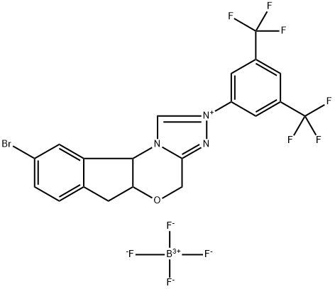 4H,6H-Indeno[2,1-b][1,2,4]triazolo[4,3-d][1,4]oxazinium, 2-[3,5-bis(trifluoromethyl)phenyl]-9-bromo-5a,10b-dihydro-, tetrafluoroborate(1-) (1:1) Struktur