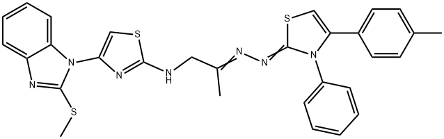 2(3H)-Thiazolone, 4-(4-methylphenyl)-3-phenyl-, 2-[1-methyl-2-[[4-[2-(methylthio)-1H-benzimidazol-1-yl]-2-thiazolyl]amino]ethylidene]hydrazone Struktur