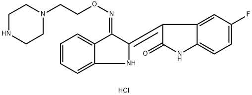 2H-Indol-2-one, 3-[(3E)-1,3-dihydro-3-[[2-(1-piperazinyl)ethoxy]imino]-2H-indol-2-ylidene]-5-fluoro-1,3-dihydro-, hydrochloride (1:1), (3Z)- Struktur