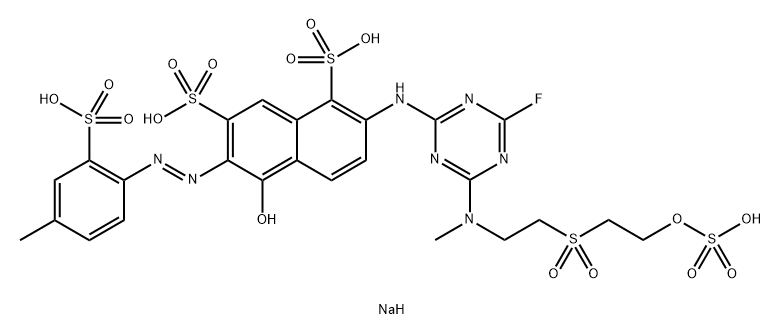 tetrasodium 2-(4-fluoro-6-(methyl-(2-(sulfatoethylsulfonyl)ethyl)amino)-1,3,5-triazin-2-ylamino)-5-hydroxy-6-(4-methyl-2-sulfonatophenylazo)naphthalene-1,7-disulfonate Struktur