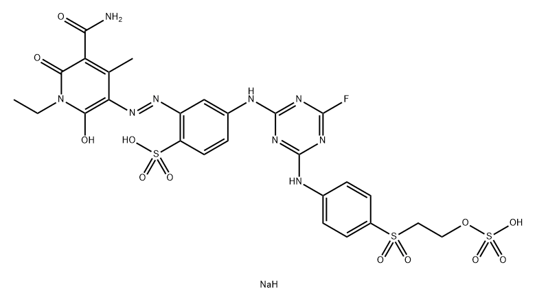 disodium 2-(5-carbamoyl-1-ethyl-2-hydroxy-4-methyl-6-oxo-1,6-dihydro-pyridine-3-ylazo)-4-(4-fluoro-6-(4-(2-sulfonyloxy-ethylsulfonyl)-phenylamino)-1,3,5-triazine-2-ylamino)benzene sulfonate Struktur