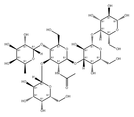 alpha-L-Fucp-(1->4)-[beta-D-Galp-(1->3)]-beta-D-GlcpNAc-(1->3)-beta-D-Galp-(1->4)-D-Glcp Struktur