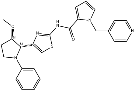 N-[4-[(2S,3R)-3-methoxy-1-phenyl-pyrrolidin-2-yl]thiazol-2-yl]-1-(4-pyridylmethyl)pyrrole-2-carboxamide Struktur